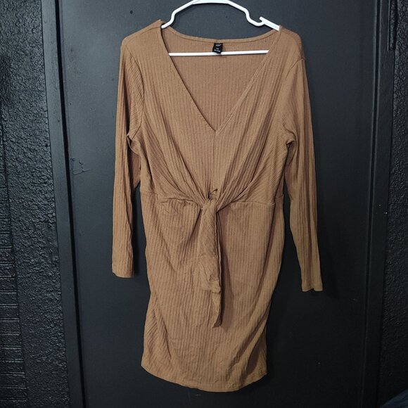 SHEIN Curve Camel Ribbed V-Neck Tie Front Dress 1XL - Picture 1 of 3